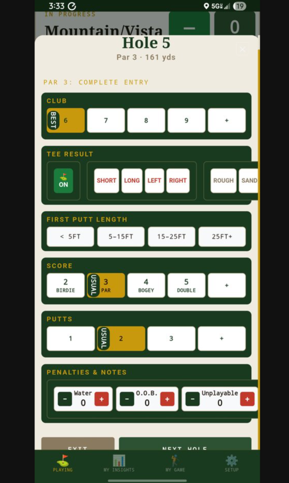 Hole scoring entry