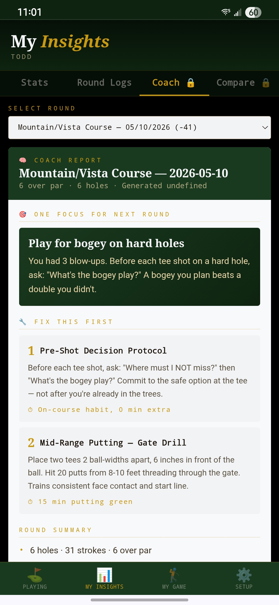 Coach report with drills