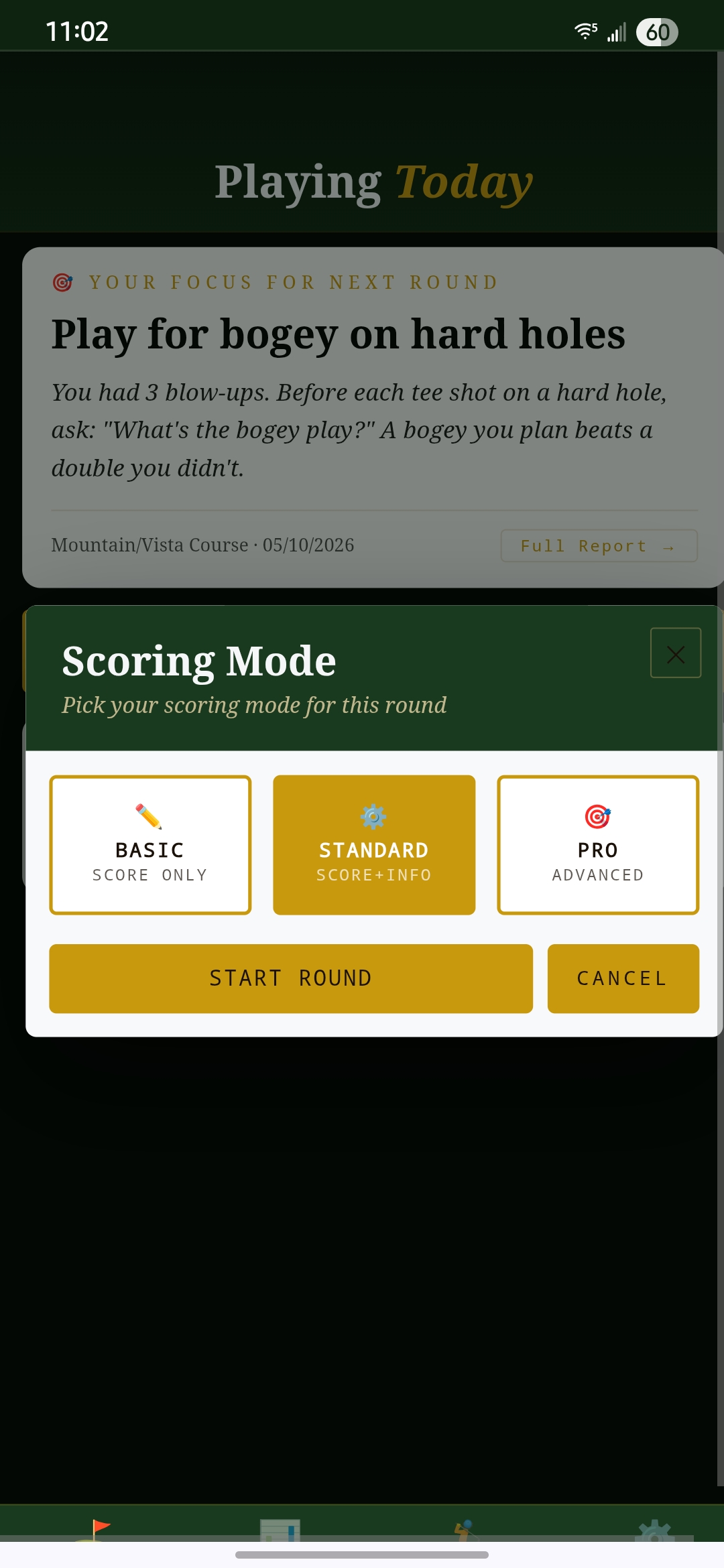 Scoring mode selection — Basic, Standard, Pro
